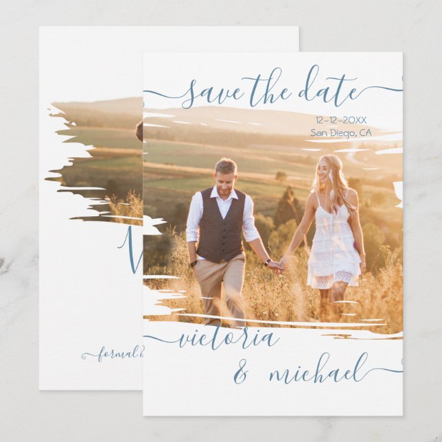 Convites Pincel Russo Traço Foto de Casamento Salvar data (Frente/Verso)