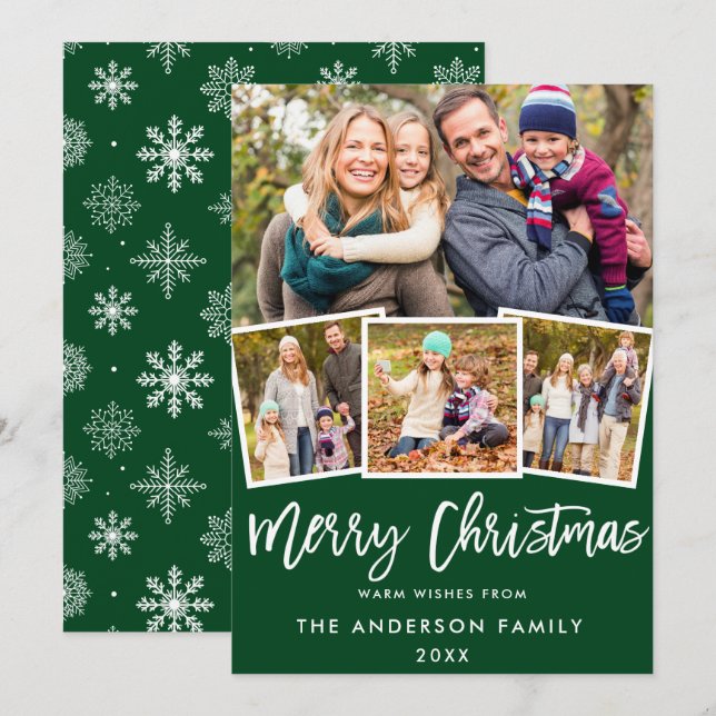 Convites Pincel Script 4 Foto Green Merry Christmas Card SB (Frente/Verso)