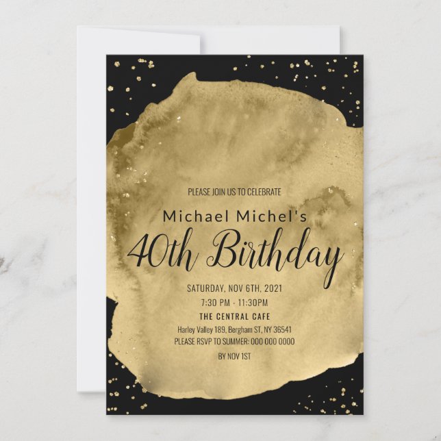 Convites Pincelada de aquarela dourada sobre preto (Frente)