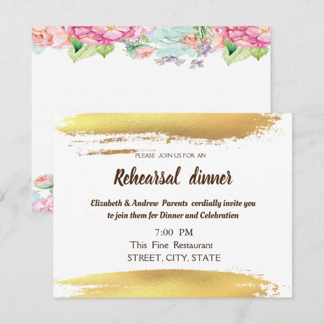 Convites Pincelada de Flores Jantar de Ensaios do Casamento (Frente/Verso)