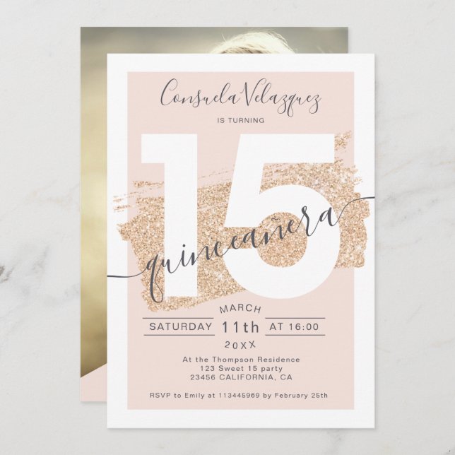 Convites pincelada dourada pincelada pincelada foto de quin (Frente/Verso)