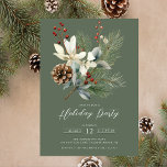 Convites Pine Branch Winter Botanical Holiday Party<br><div class="desc">Este elegante convite para festas de Natal apresenta um belo galho de pinheiros, flores brancas, bagas ocas e pinecone em fundo verde. O convite é perfeito para convidar seus amigos e família para um encontro festivo. O design geral é festivo e sofisticado, e o convite é para impressionar seus convidados....</div>