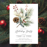 Convites Pine Branch Winter Botanical Holiday Party<br><div class="desc">Este elegante convite para festas de Natal apresenta um belo ramo de pinheiros, flores brancas, bagas ocas e pinecone em fundo branco. O convite é perfeito para convidar seus amigos e família para um encontro festivo. O design geral é festivo e sofisticado, e o convite é para impressionar seus convidados....</div>