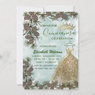 Convites Pine cone aquañera gold tiara Quinceañera 
