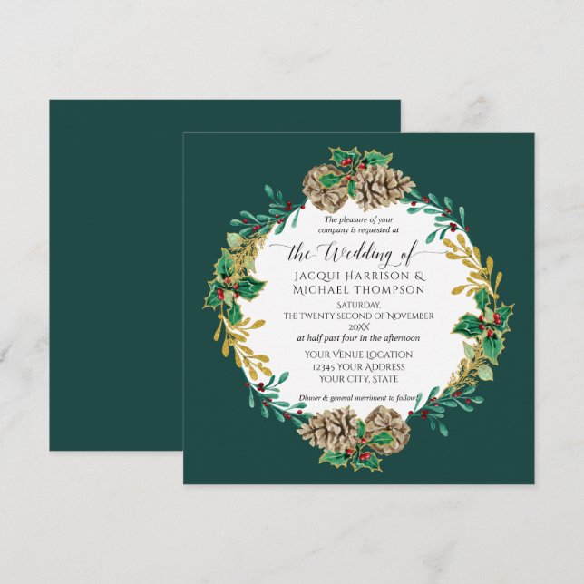 Convites Pine Cone Wreath Dourado de Aquarela de Natal (Frente/Verso)