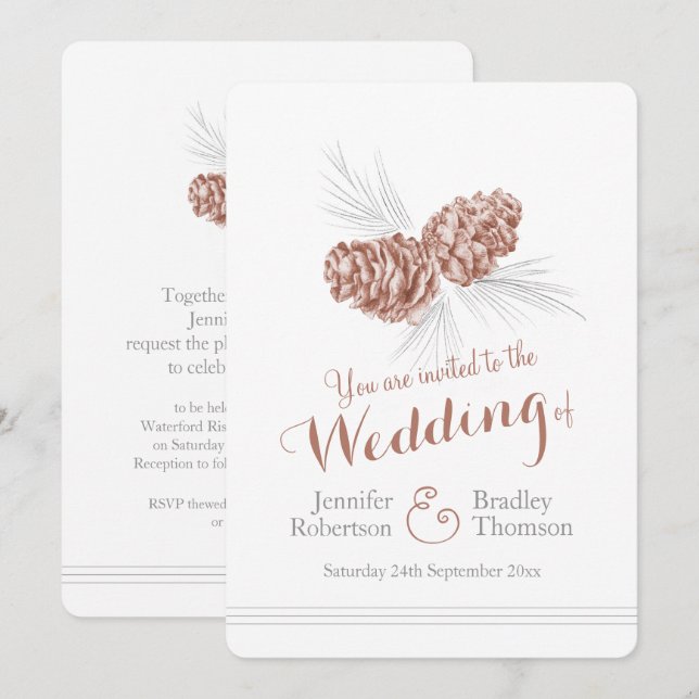 Convites Pine cones de arte casamento no inverno marrom (Frente/Verso)