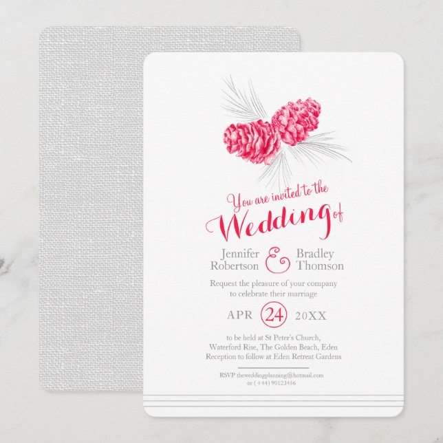 Convites Pine cones desenhando cinza vermelho casamento (Frente/Verso)