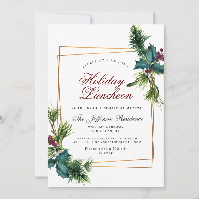 Convites Pine Cones Holly Frame Natal Feriado Lunchedo (Frente)