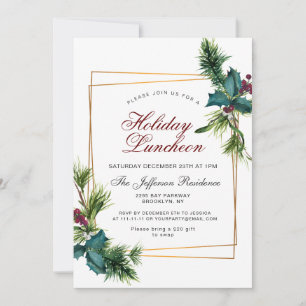 Convites Pine Cones Holly Frame Natal Luncheon