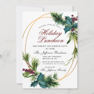 Convites Pine Cones Holly Frame Natal Luncheon