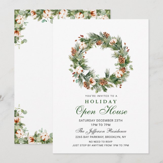 Convites Pine Cones Wreath Christmas Holiday Open House (Frente/Verso)