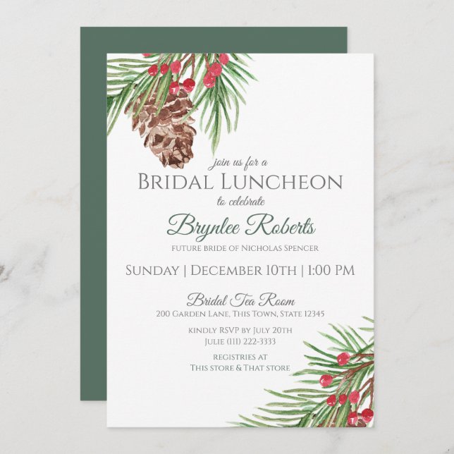 Convites Pine e Berries Winter Bridal Luncheon (Frente/Verso)