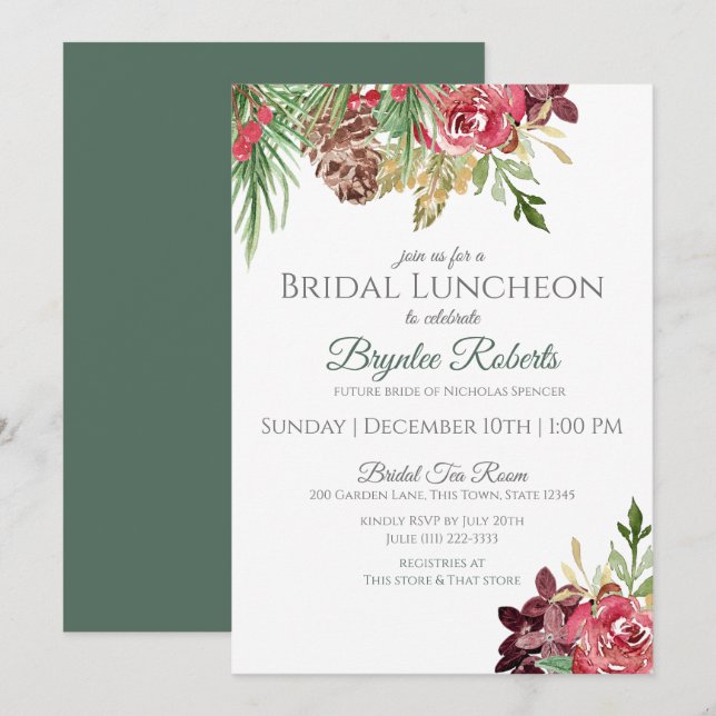 Convites Pine e Berries Winter Floral Bridal Lunchee (Frente/Verso)