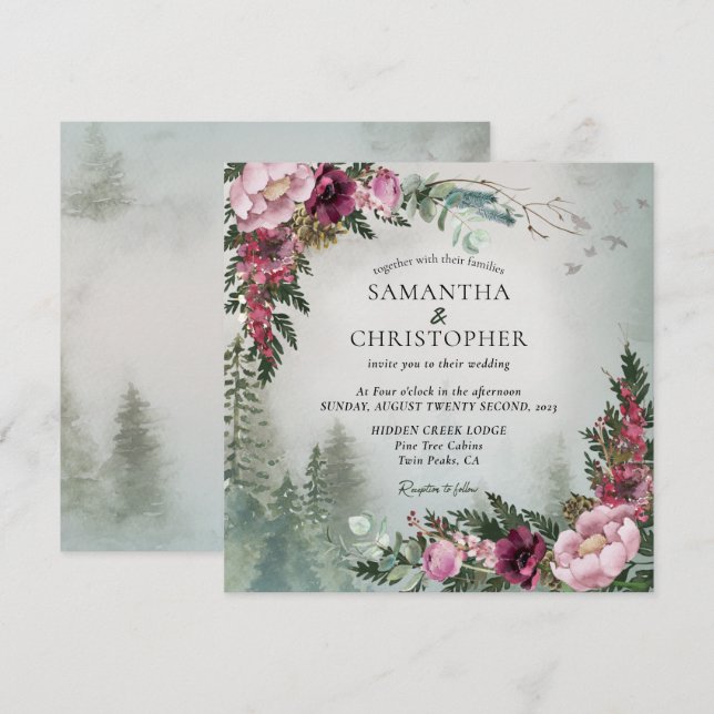 Convites Pine Forest Rosa Poeirento Aquarela Casamento (Frente/Verso)