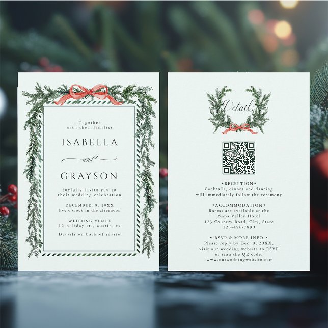 Convites Pine Garland Wedding All in One Mint Green (Front & Back)