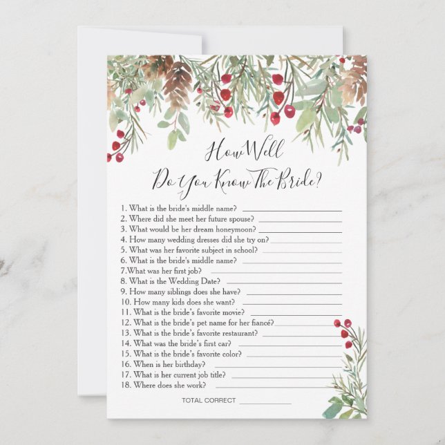 Convites Pine Greenery, como você conhece o jogo da noiva? (Frente)