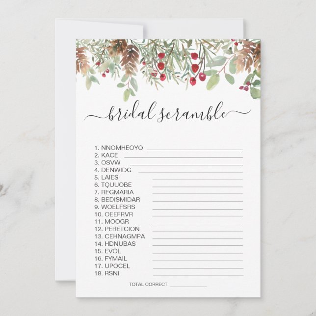 Convites Pine Greenery, Jogo do Chá de panela do Word Scram (Frente)