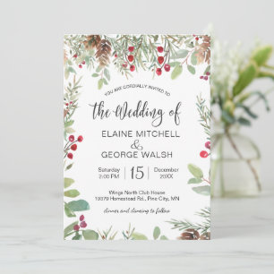 Convites Pine Red Berry Winter Greenery Wedding