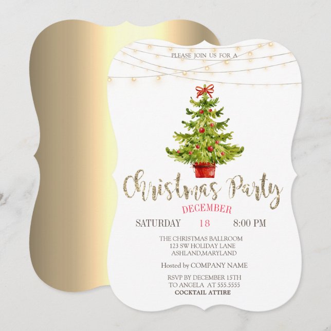 Convites Pine Tree, Balls, Luzes Douradas Festa de Natal (Frente/Verso)
