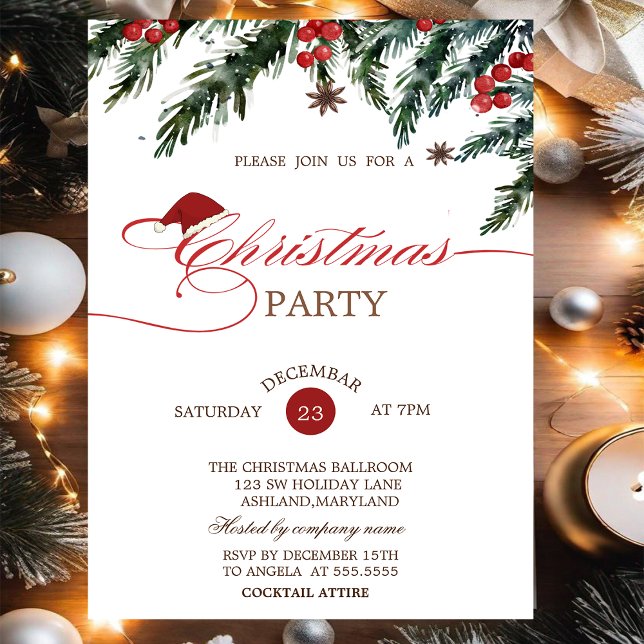 Convites Pine Tree Branches Santa Hat, Natal da Companhia (Criador carregado)