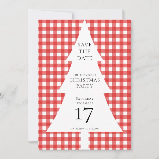 Convites Pine Tree Christmas Red Gingham Salve a Data (Frente)
