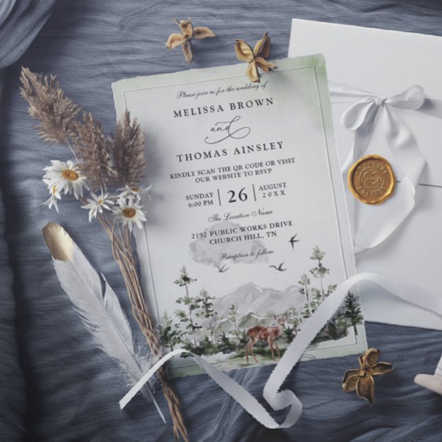 Convites Pine Tree Deer Forest Mountain QR Code Wedding (Criador carregado)