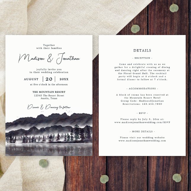 Convites Pine Tree Forest Monges Em Um Casamento (Front/Back)