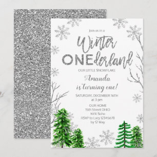 Convites Pine Trees Winter ONEderland First Birthday Invite