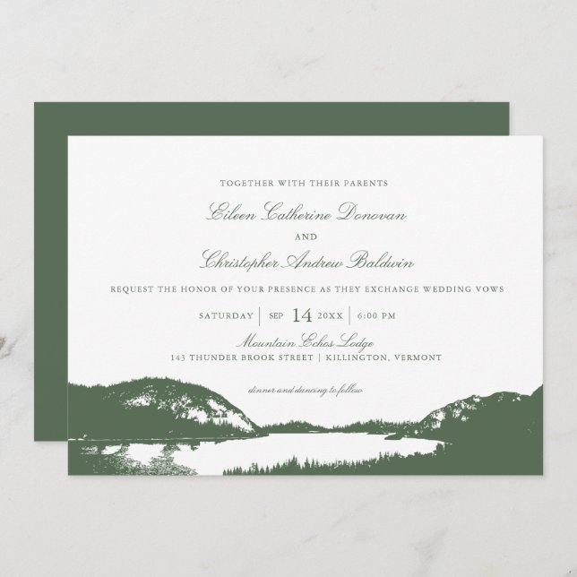 Convites Pine Verde e Lago Montanha | Casamento (Frente/Verso)