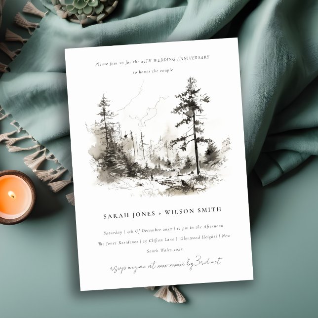 Convites Pine Woods Landscape Sketch Casamento Aniversário (Criador carregado)