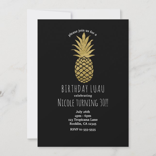 Convites Pineapple Dourado Preto Moderno Chic Festa Tropica (Frente)