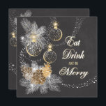 Convites Pinecone Ornament Chalkboard Natal<br><div class="desc">O tema do Natal festivo apresenta trabalho de arte de quadro com pinho em cones, ramificações de pínus e delicados ornamentos de ouro acentuados Feriados e poeira de pontos de aparência brilhantes. A frente da placa tem texto de tipografia de Ornamentado dizendo Coma, Beba e Seja Feliz. Personalize todo o...</div>
