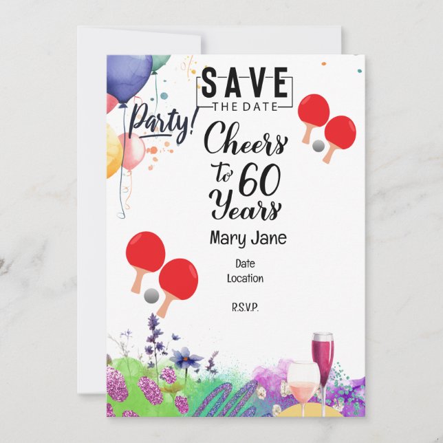 Convites Ping pong 60º Aniversário com pá e flor (Frente)