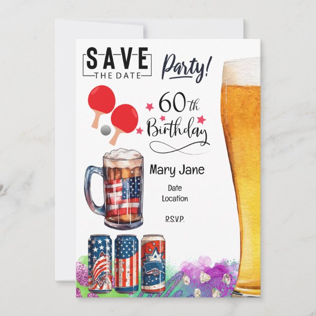 Convites Ping pong 60th Birthday com remo e cerveja (Frente)