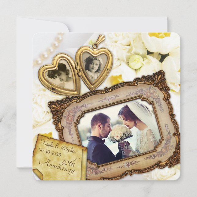 Convites Pingente de Coração Dourado de 30º Aniversário de  (Frente)