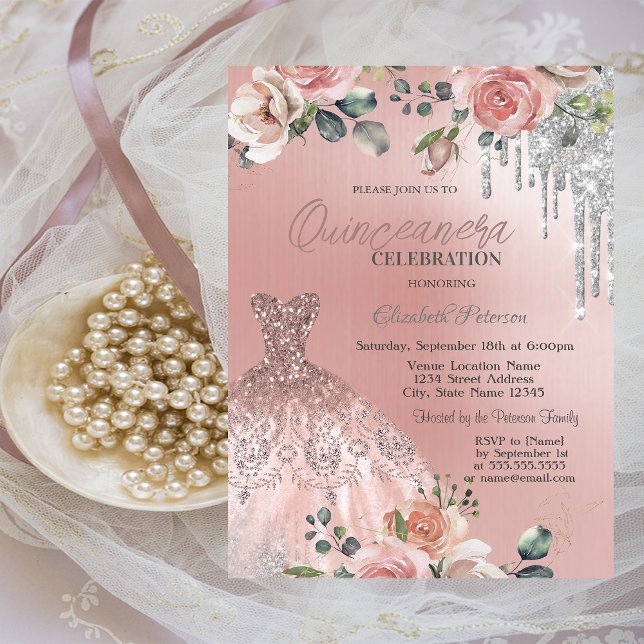 Convites Pingentes de Prata,Vestido,Rosas Rosa Quinceanera (Criador carregado)
