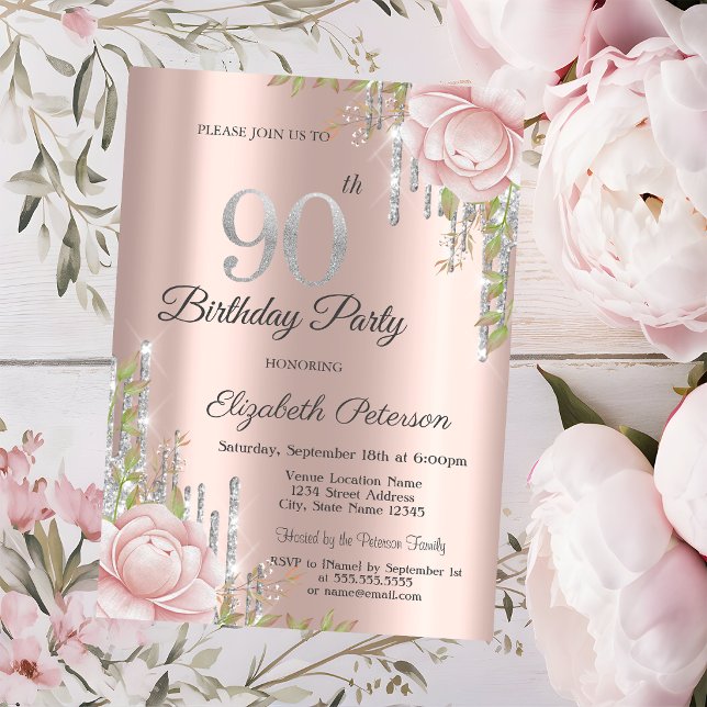 Convites Pingentes Rosa Dourado Flores Aniversário de 90 an (Criador carregado)
