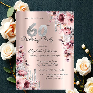 Convites Pingo Brilhante Rosa Dourado Floral 60º Aniversári