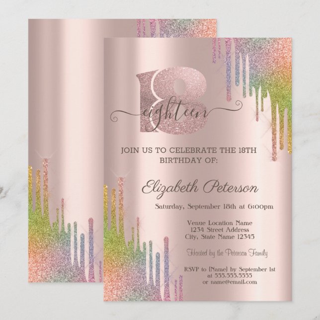 Convites Pingo de Brilho Arco-Íris Rosa Dourado Aniversário (Frente/Verso)