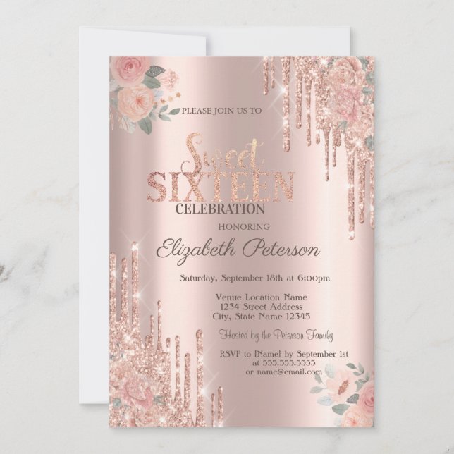 Convites Pingo de Brilho Boho Rosas Dourado Rosa  Doce 16 (Frente)