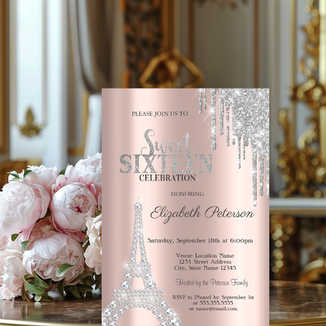 Convites Pingo de Brilho,Diamantes Torre Eiffel Sweet 16  (Criador carregado)