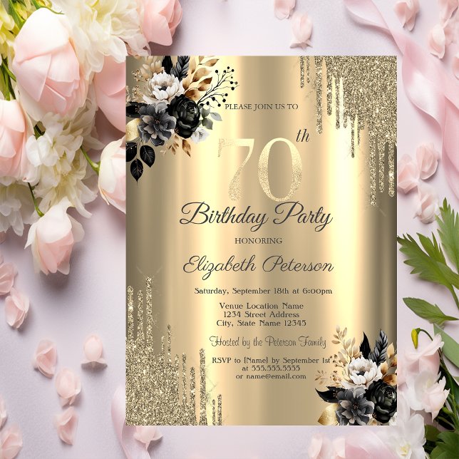 Convites Pingo de Brilho Dourado Rosas Pretas 70º Aniversár (Criador carregado)