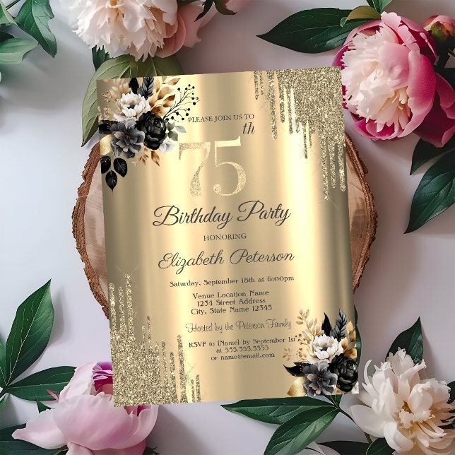 Convites Pingo de Brilho Dourado Rosas Pretas 75º Aniversár (Criador carregado)