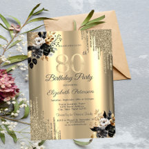 Pingo de Brilho Dourado Rosas Pretas 80º Aniversár