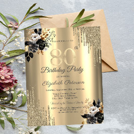 Convites Pingo de Brilho Dourado Rosas Pretas 80º Aniversár