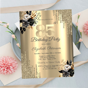Convites Pingo de Brilho Dourado Rosas Pretas Aniversário d