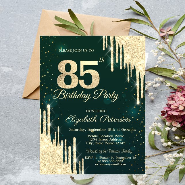 Convites Pingo de Brilho Dourado Verde Aniversário de 85 An (Criador carregado)