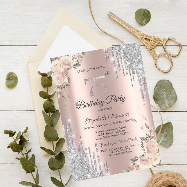 Convites Pingo de Brilho, Flores Dourado Rosa Aniversário d (Criador carregado)