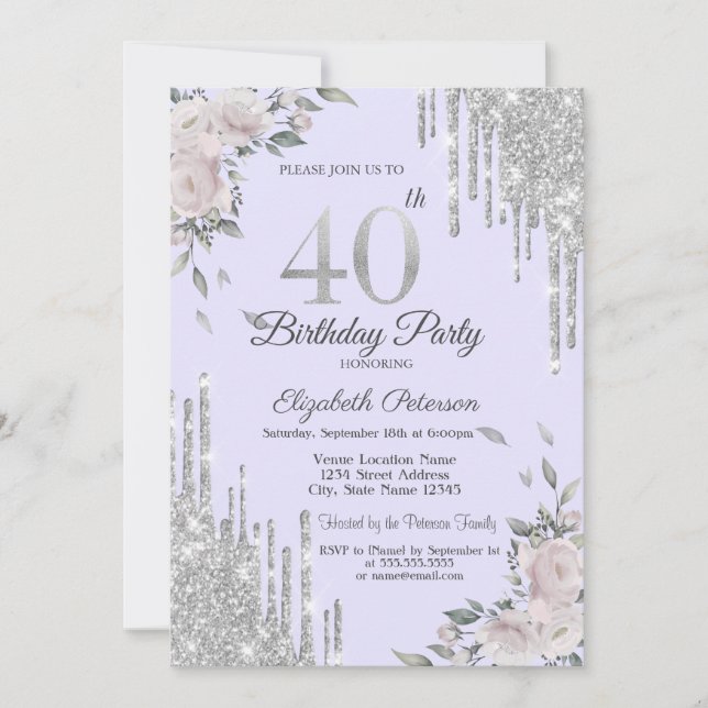 Convites Pingo de Brilho, Flores Lavanda Aniversário de 40  (Frente)