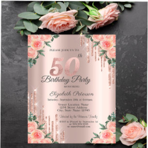 Convites Pingo de Brilho Moderno Dourado Rosa Floral 50º